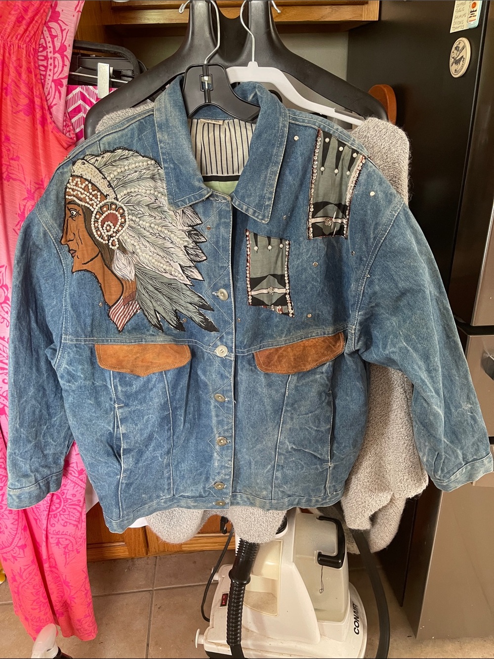 JouJou Women's Denim Beaded & Embroidered Jacket Native American Large